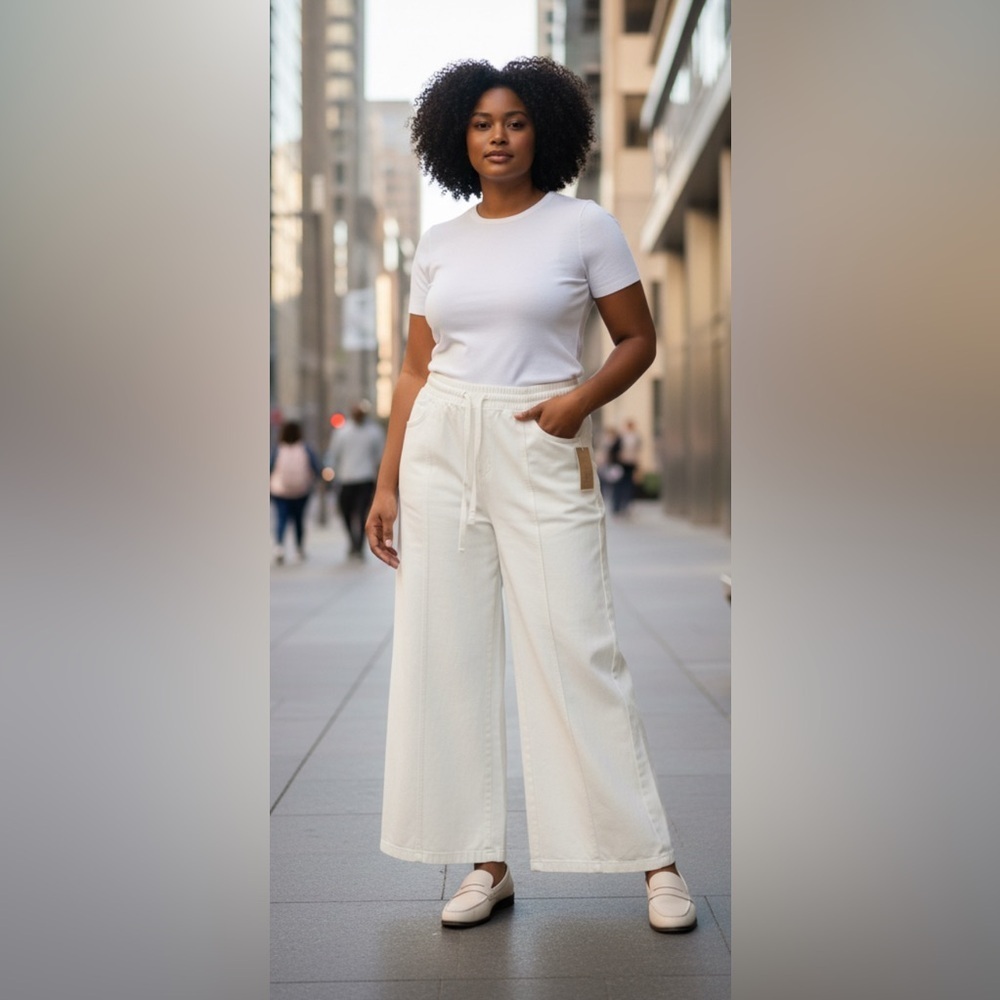 Universal thread wide leg,white denim elastic waist,drawstring White Denim Pants